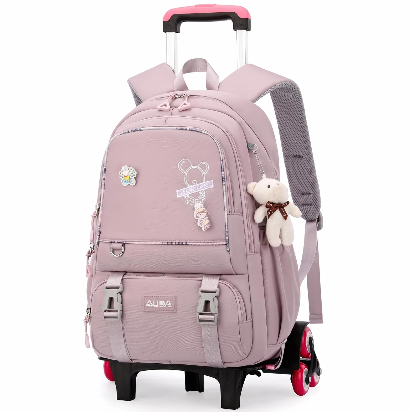 Amythe Mochilas Escolares con Ruedas Niñas, Trolley Desmontable, Morado | Mochila Colegio con 6 Ruedas para Chicas de 10-18 años, Carro Bolso Escolar con Colgante para Adolescentes, Vuelta al cole