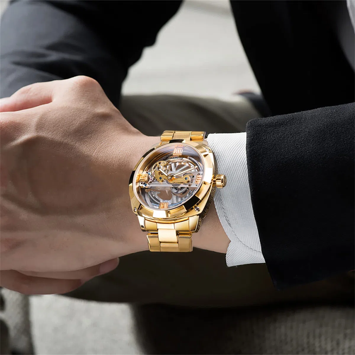 FORSINING Reloj de pulsera para hombre, esfera transparente, automático, clásico, mecánico, acero inoxidable, resistente al agua, dorado, pulsera