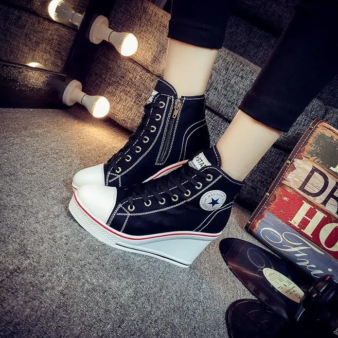 nulala Zapatillas de lona para mujer, con tacón de cuña, zapatillas con altura de tacón, zapatillas de plataforma para correr, para deporte, tiempo libre
