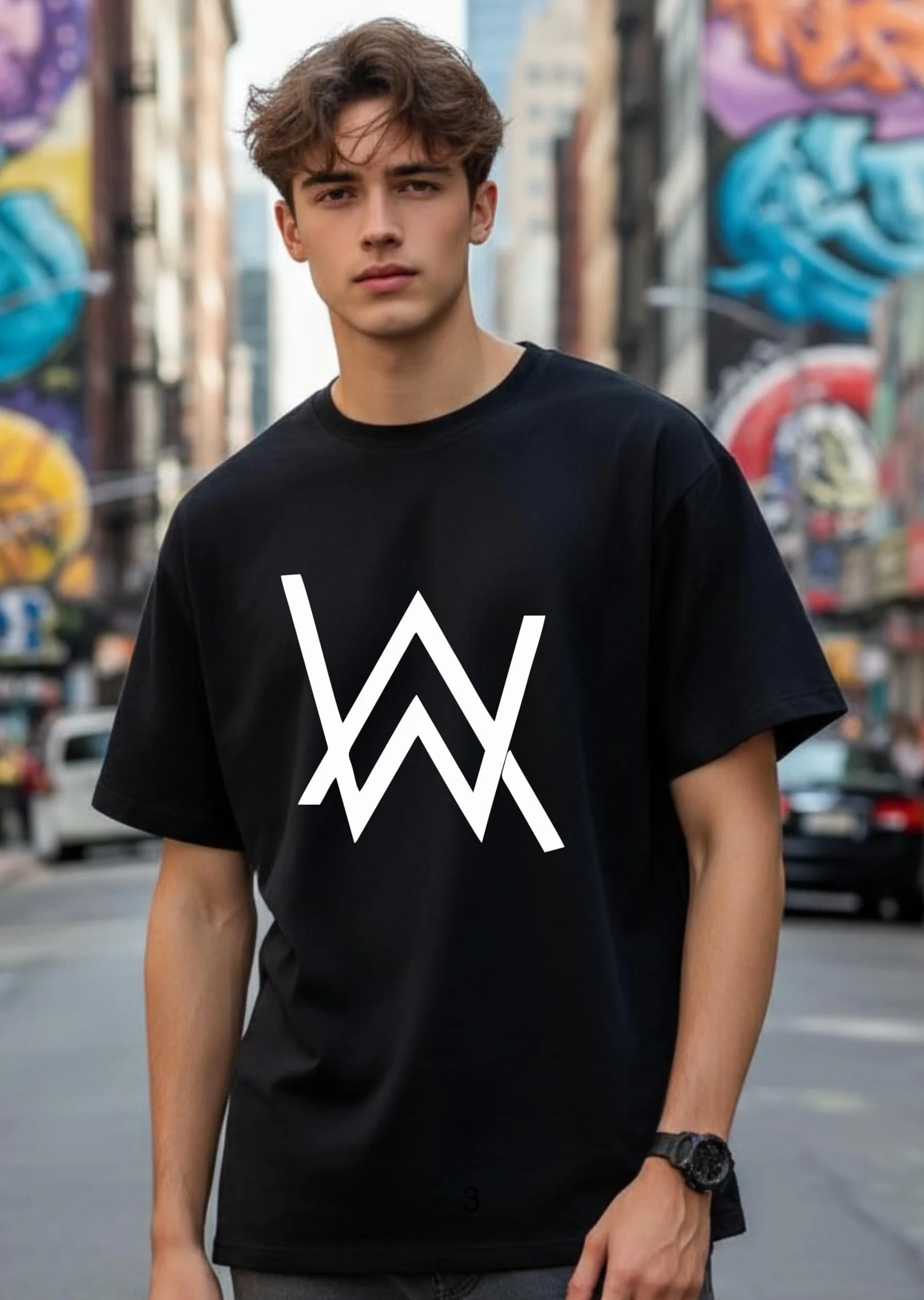 Uniplanet Store Camiseta negra de algodón con cuello redondo Alan Walker para hombre