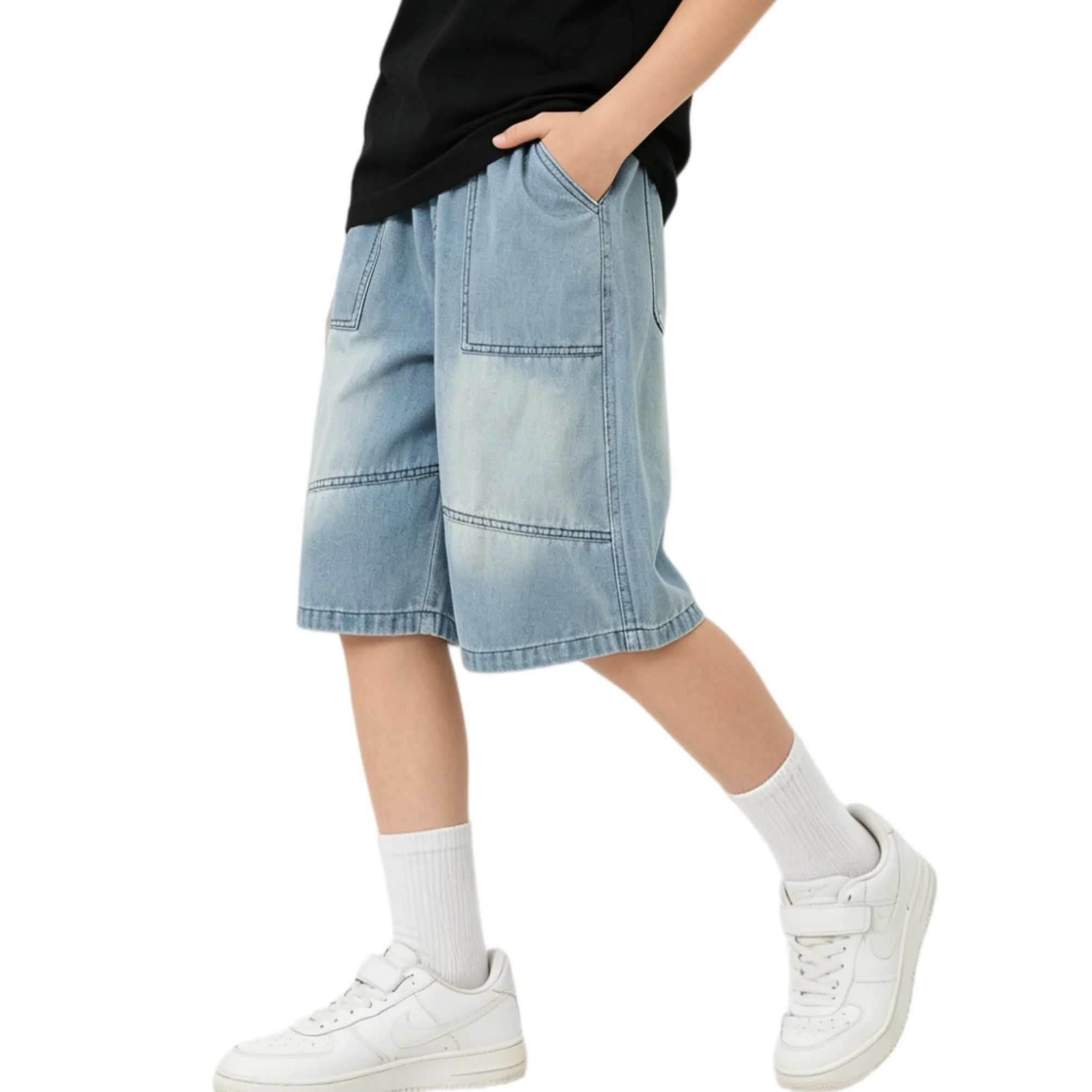 Pantalones Cortos Vaqueros Holgados para Niños, Cintura Elástica Pierna Ancha