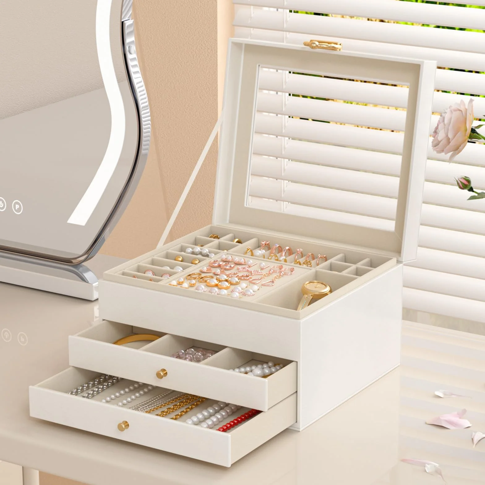 Caja Grande para Joyas 3 Niveles 24 Compartimentos Organizador de Anillos Collares y Pendientes con Tapa Transparente Blanco Mate