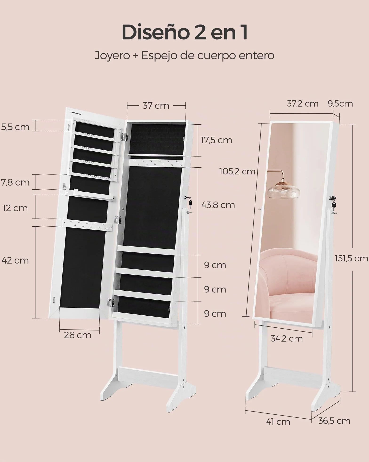 SONGMICS Armario Joyero Bloqueable Espejo Longitud Completa JJC69WT Blanco Forro Negro