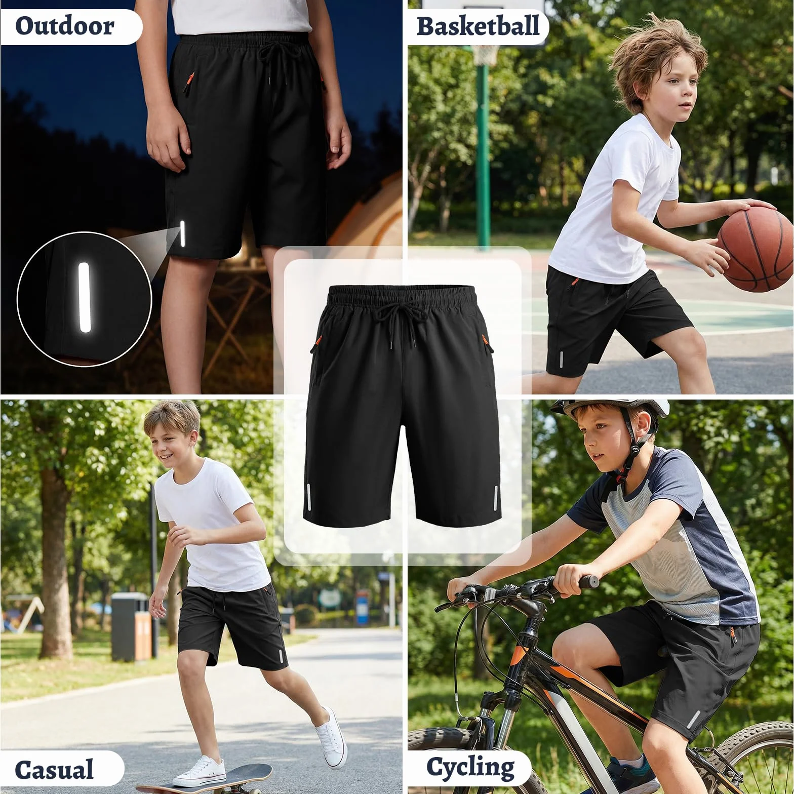 Pantalones Cortos Deporte Secado Rápido con Tiras Reflectantes Transpirable Bolsillos Cremallera para Niños 6-13 Años