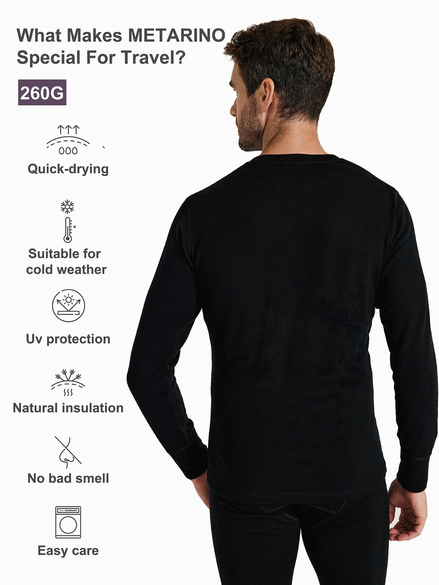 METARINO - Camiseta térmica de manga larga para hombre, 100 % lana merino, para senderismo, viajes, esquí