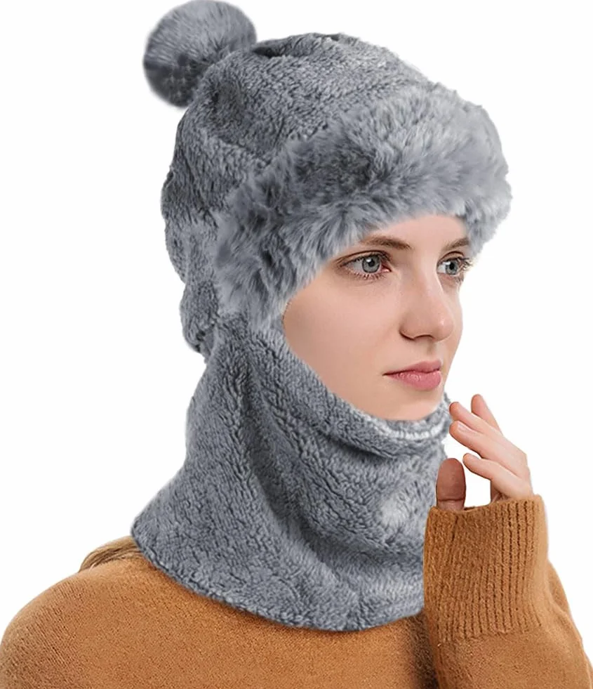 Gorro de Invierno con Pasamontañas Mujer Cálido Prueba de Viento Bufanda de Sombrero con Forro y Pompom para Esquí al Aire Libre