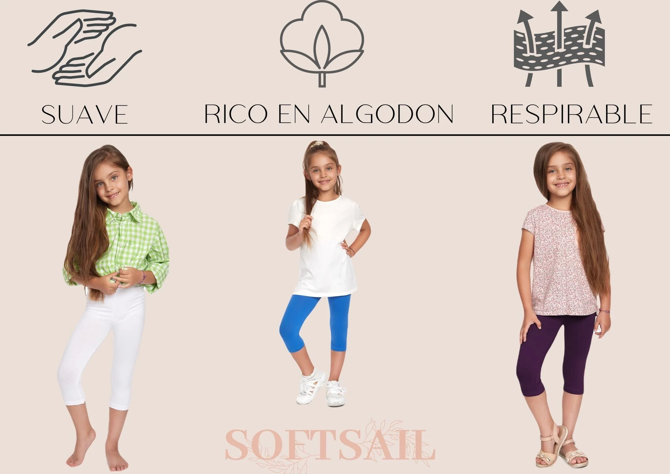 SOFTSAIL Leggings Niña Mallas 3/4 Pantalones Cortos Capri De Algodón para Deportes Baile Gimnasia Transpirables Cómodos Y Elásticos