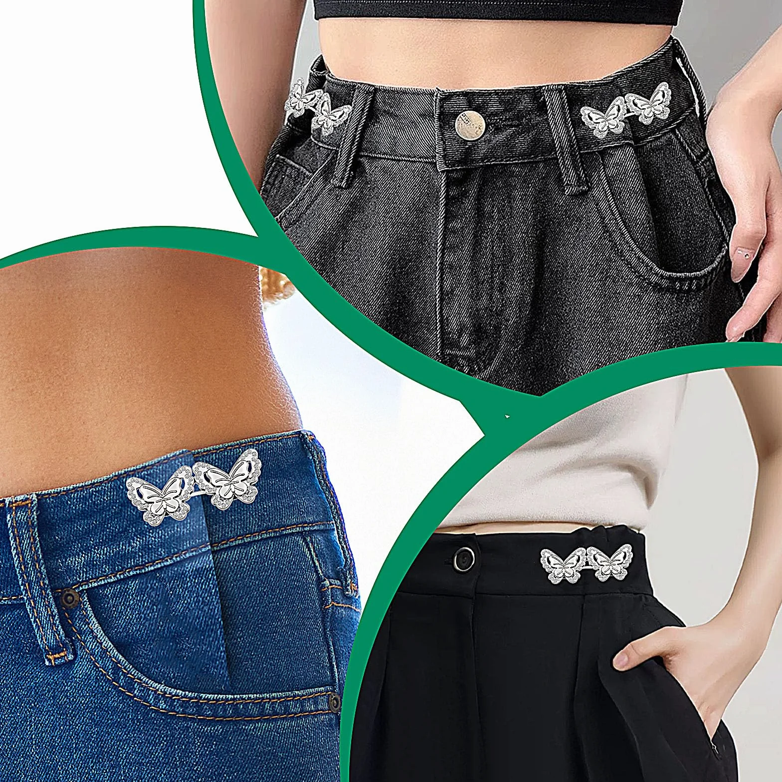 Andibro Juego de 4 tensores de cintura ajustables, hebillas de cintura desmontables, botones de ajuste para pantalones, jeans, faldas, mangas, plateado