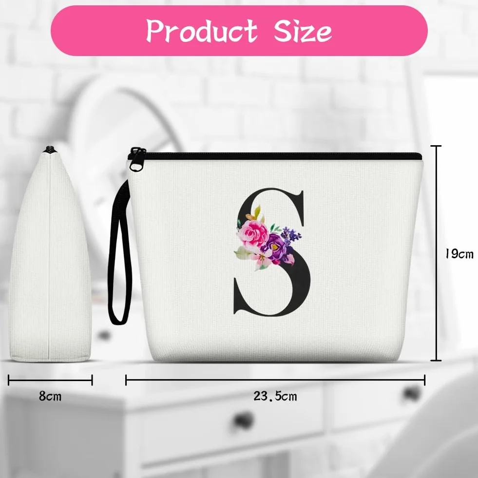 Aucuu Neceser Maquillaje Mujer, Neceser Mujer Personalizado, Bolsa de Cosméticos de Lona de Letras Impresas, Neceser de Viaje Portátil para Viajes, Almacenamiento (Letra S)
