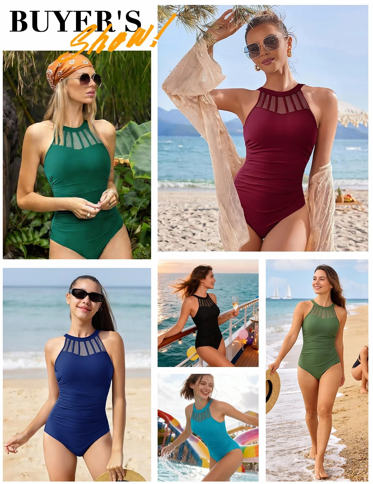 Bañador Mujer Reductor Elegancia de Una Pieza con Relleno y Malla de Cuello Alto para Swimsuit Piscinas de Playa