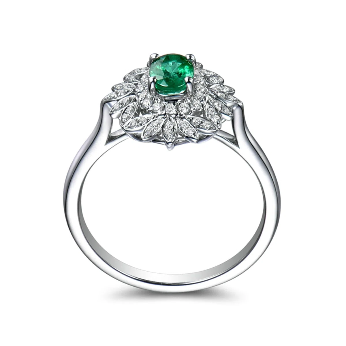 Anillo de compromiso para mujer de platino, anillos de promesa de boda, flores con esmeralda ovalada de 0,5 quilates y moissanita de 0,26 quilates, tamaño H 1/2-V 1/2
