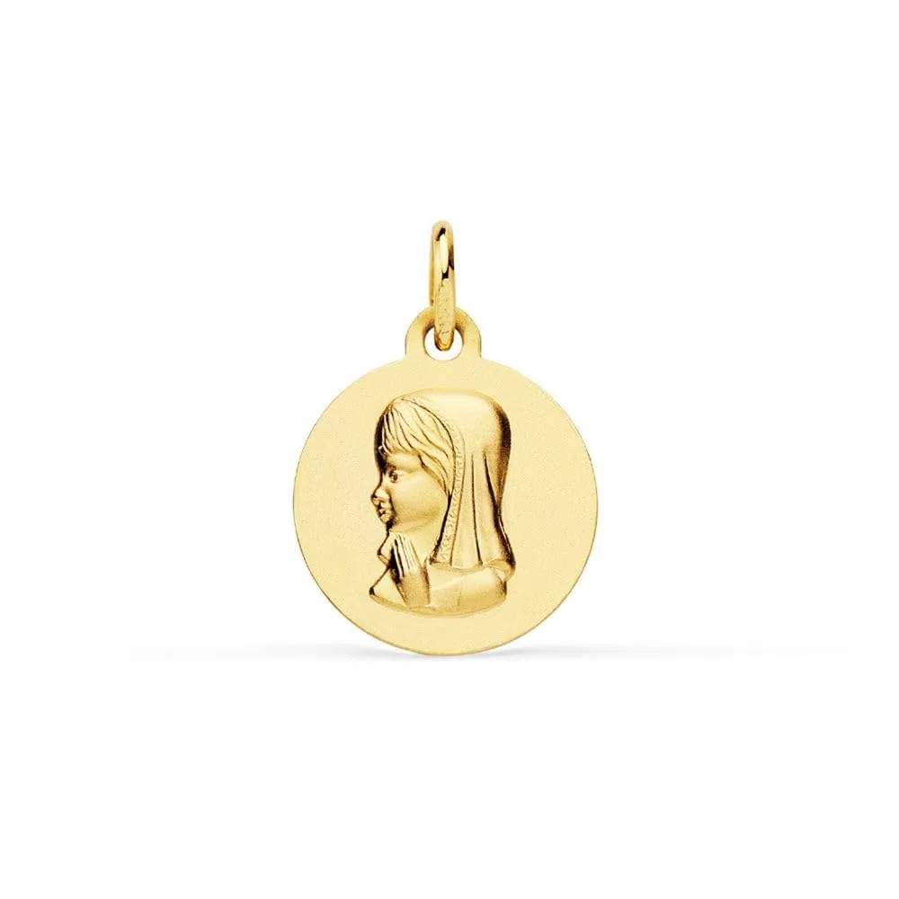 Virgen Niña Medalla en Oro 18k para Primera Comunión de 14mm. lisa. Grabación incluida en el precio - Personalizable - GRABACIÓN INCLUIDA EN EL PRECIO