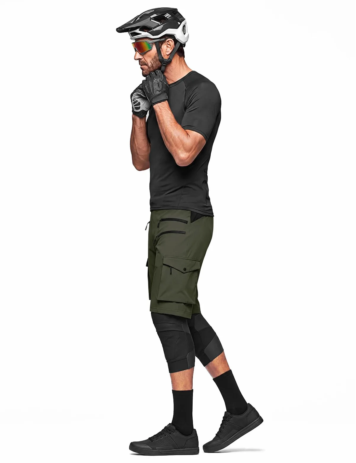 Hiauspor Pantalones Cortos de Ciclismo de montaña para Hombre, de Secado rápido, con Bolsillos con Cremallera MTB Trekking (Multi-Verde, L)