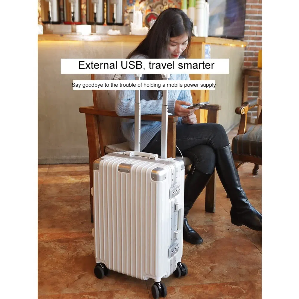 Maleta Multifuncional con Ruedas Giratorias y Puerto de Carga USB - Equipaje de Aluminio con Lados Rígidos - Equipaje de Mano Ligero (Color : White, Size : 26")