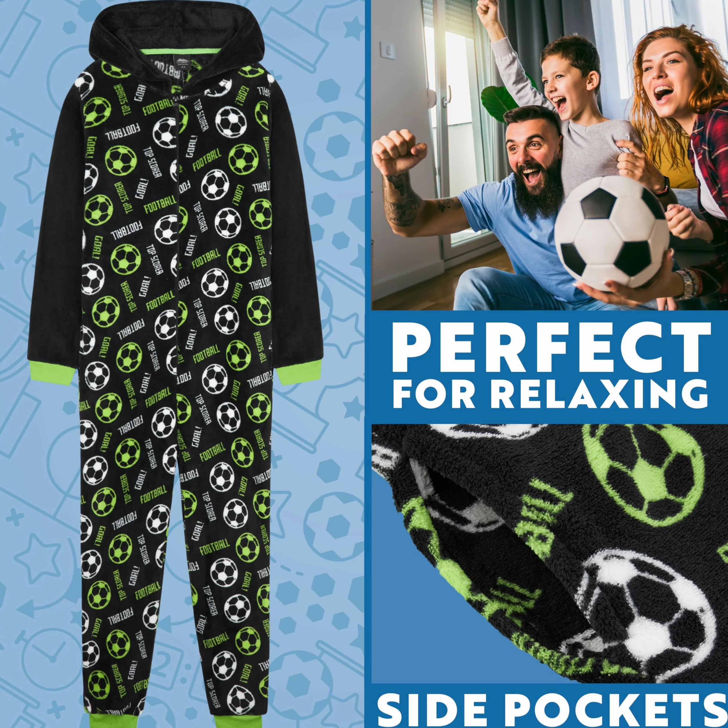 Pijama Niño Entero Cremallera Ropa de Dormir Adolescentes Mono Cálido Fútbol Videojuegos Capucha