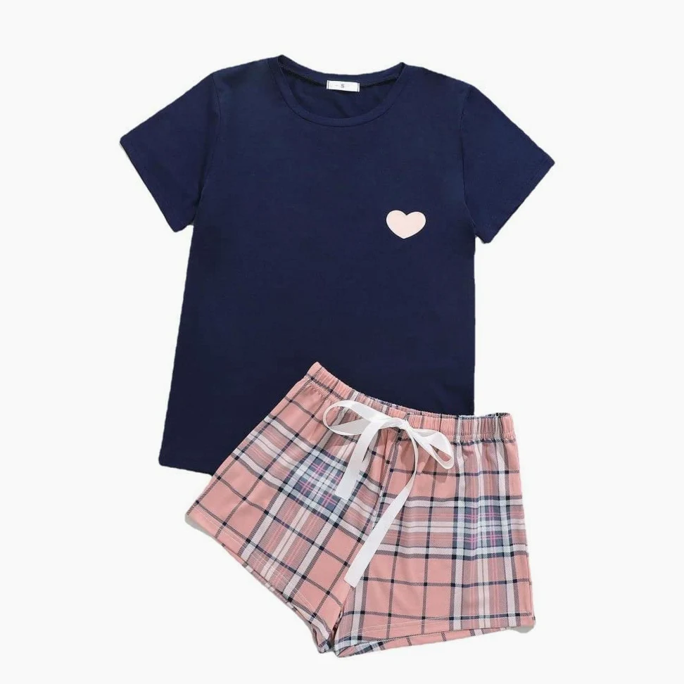 Pijama De Mujer Manga Corta,Tops Azules Y Pantalones Cortos A Cuadros Pijama De Manga Corta para Mujer Conjunto De 2 Piezas Pijama Suave Y Cómodo para Mujer Ropa De Descanso Regalo del Día De La M