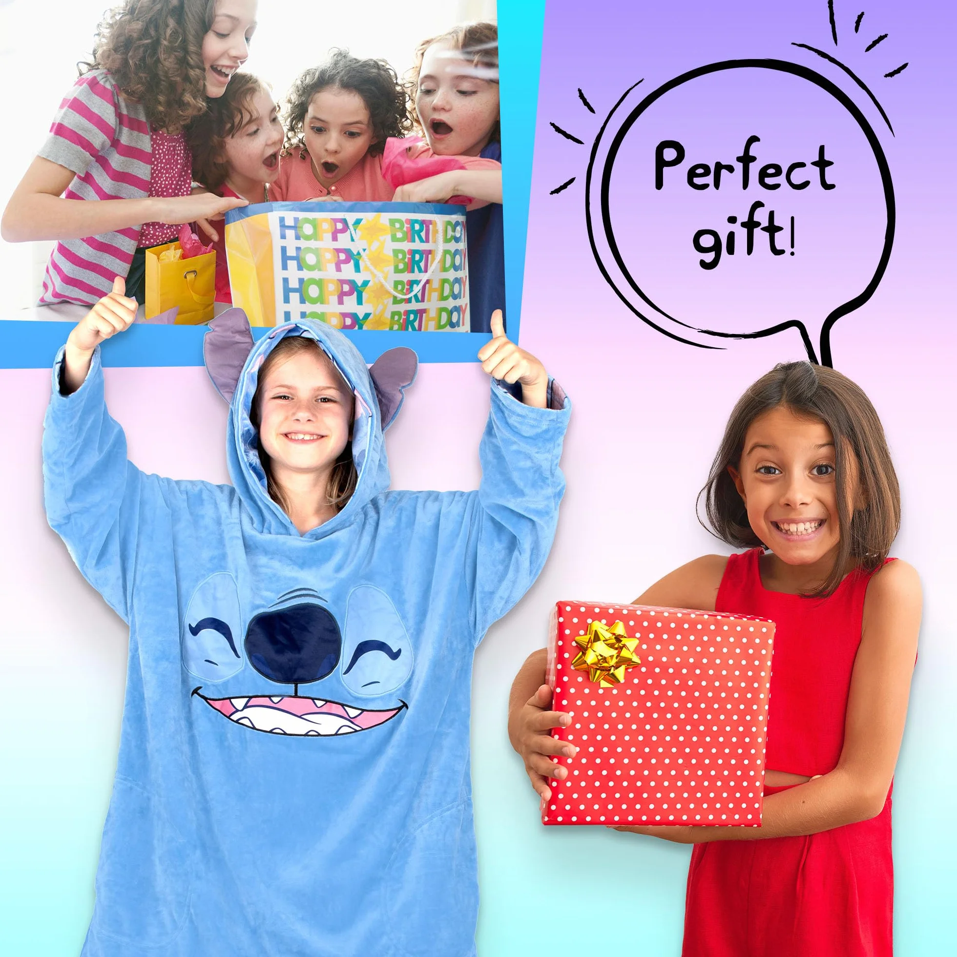 Disney Stitch - Manta reversible con capucha de gran tamaño para niños, súper suave, de doble cara, forro polar, regalo para niñas, talla única, color azul