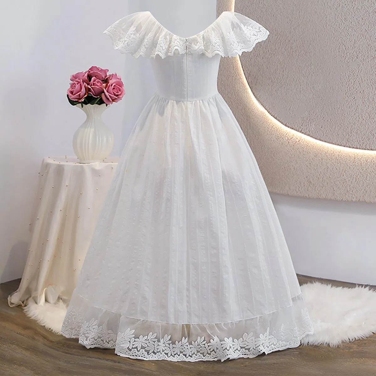 Generisch Vestido de niña de estilo francés suave, blanco, con un solo hombro, adecuado para niños de 8 a 13 años
