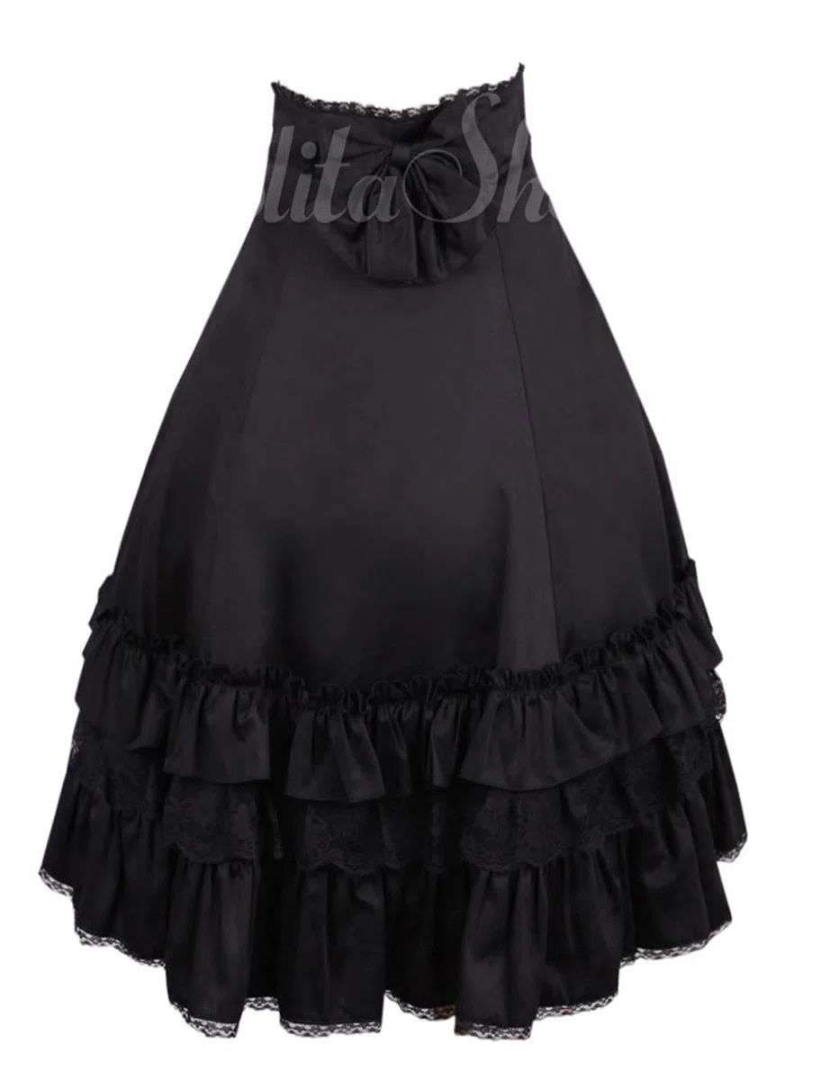 Antaina Negra Volantes Encaje Retro Gotica Sexy Lolita Alta Cintura Longitud de la Rodilla Midi Plisada Falda