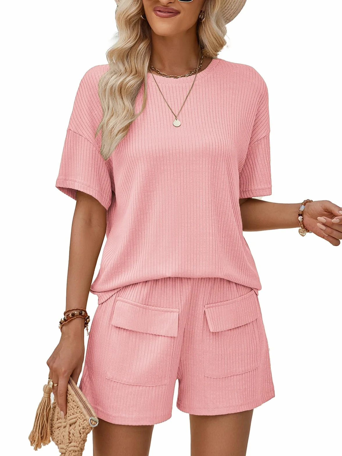Rayson Chandal Mujer Chándal Completo 2 Piezas Verano Pantalones Cortos con Bolsillos y Cuello Redondo Top