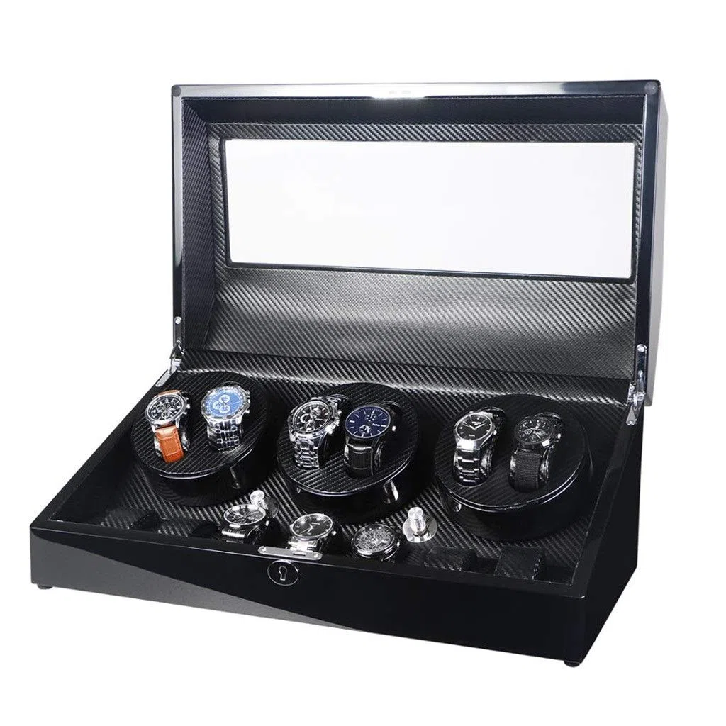 Caja automática para 6 + 7 relojes de piel sintética, colección de almacenamiento con pantalla silenciosa, motor silencioso con luz LED
