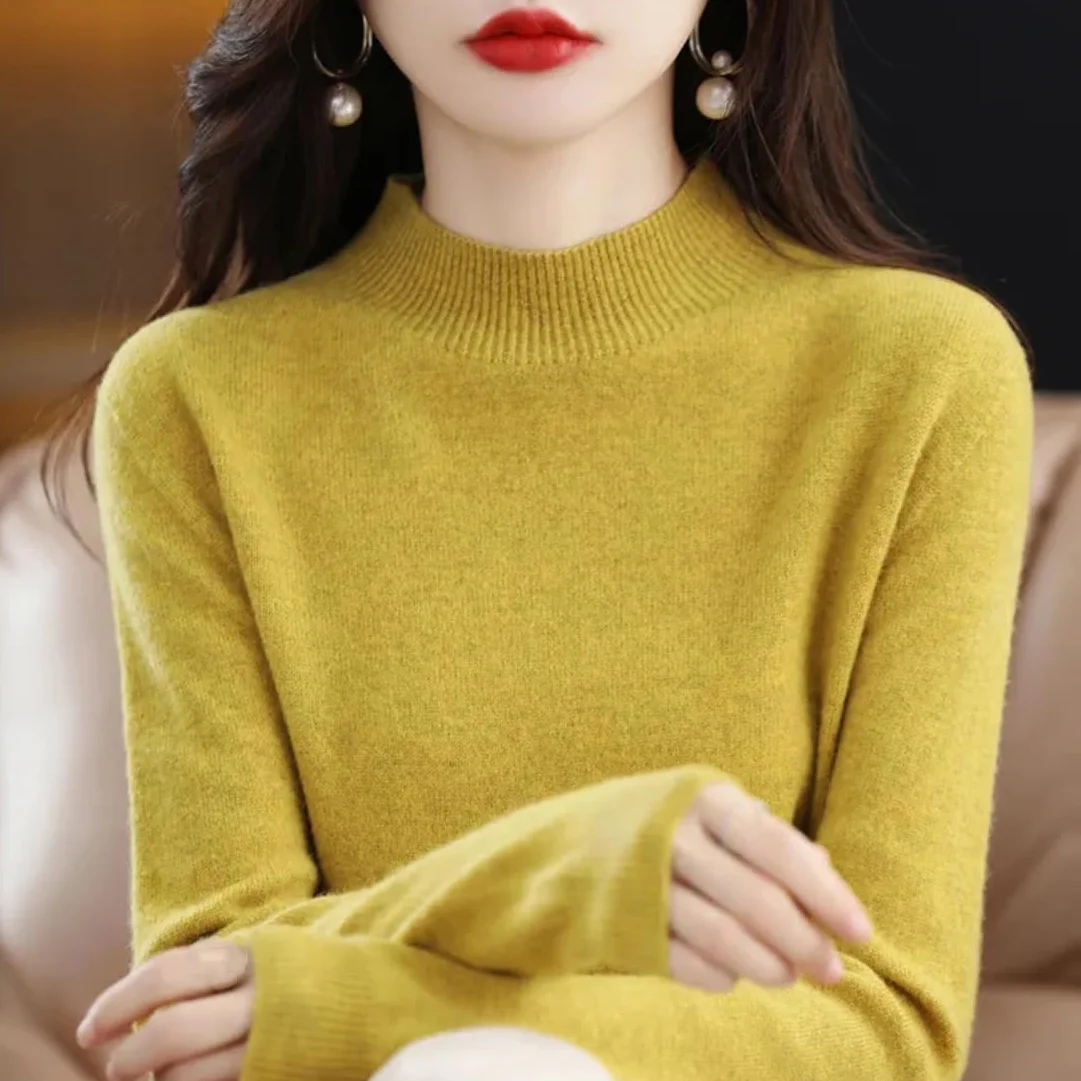Suéter de Cachemira y Lana Merino para Mujer Jersey Manga Larga Cuello Alto