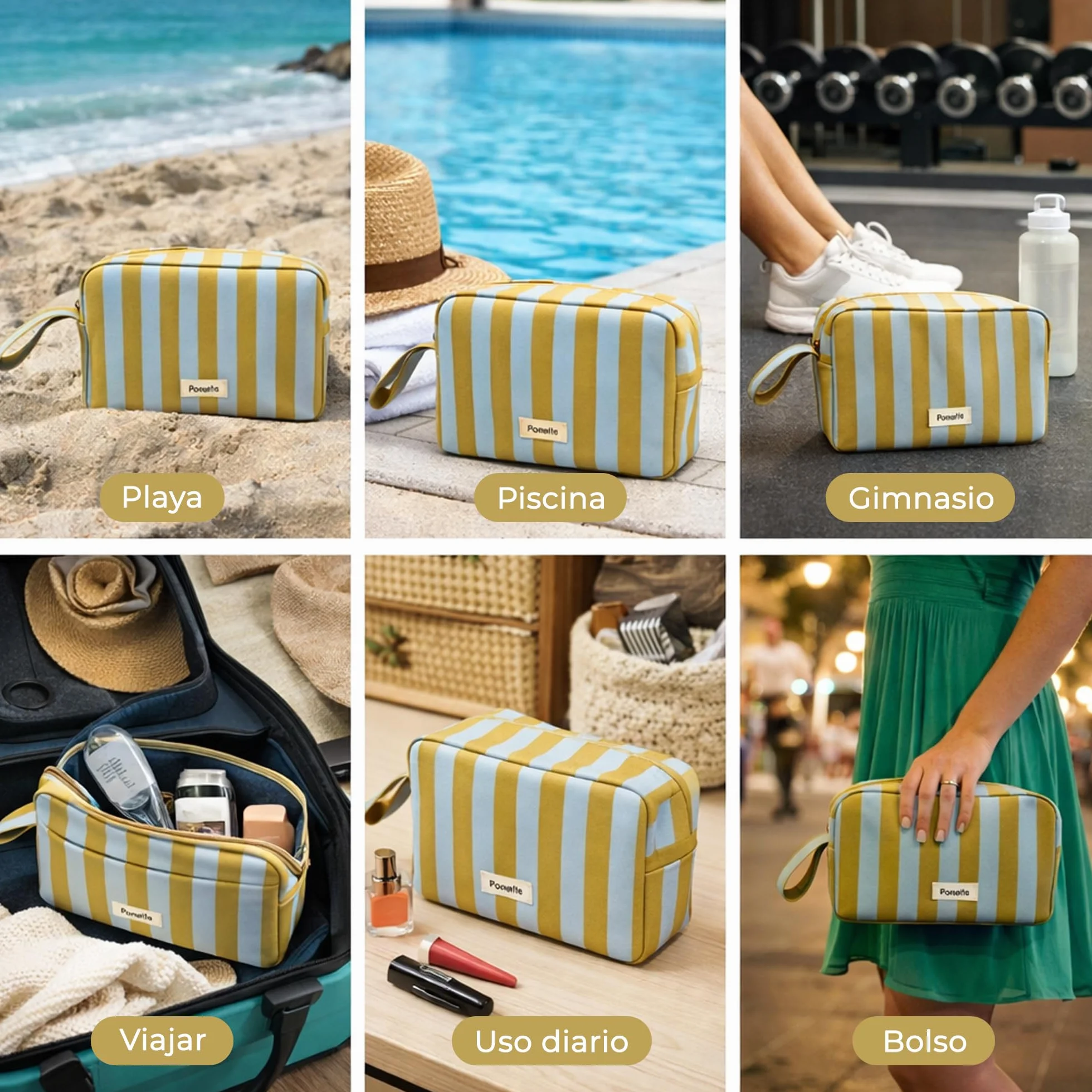 PONETTE - Neceser Menorca – con Cremallera Resistente y asa – Gran Capacidad, Plegable y Ligero – Diseño Actual a Rayas – Bolsa de Aseo Playa, Piscina, Viaje, Gimnasio y Uso Diario – Marca Española