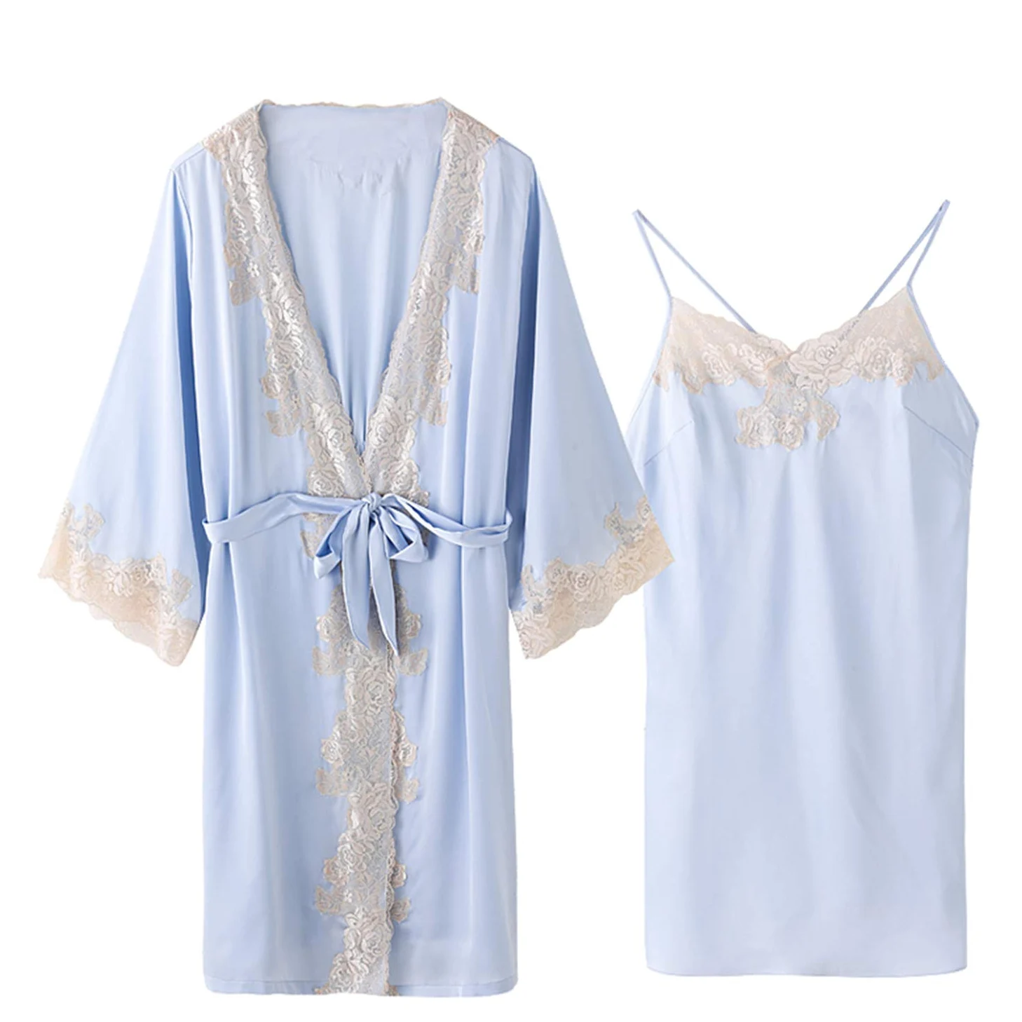 Traje De Kimono De Encaje Azul, Bata Satinada, Pijamas Sueltos con Bata De Baño Y Ropa De Dormir De Verano M