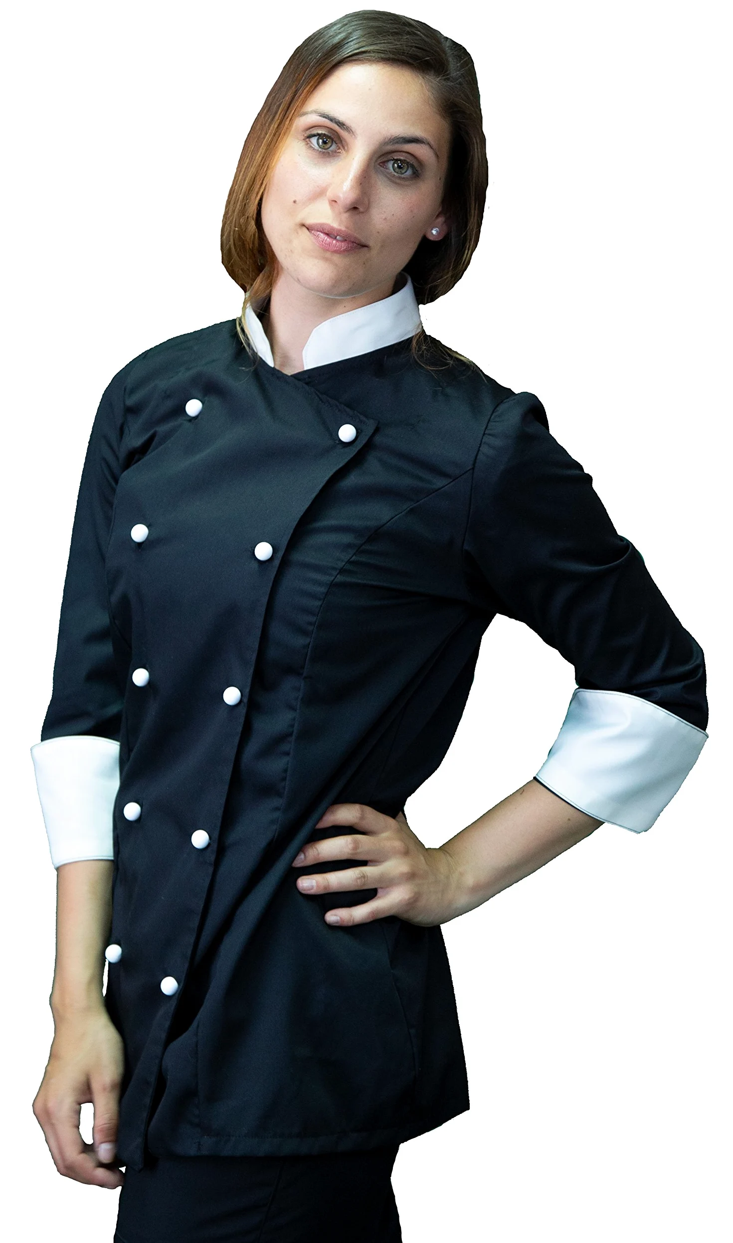 Bordado gratuito – Conjunto de cocinero de cocina – negro y crema – uniforme de chef mujer – Pantalón, chaqueta y delantal – Fabricado en Italia Negro y crema, Mujer L