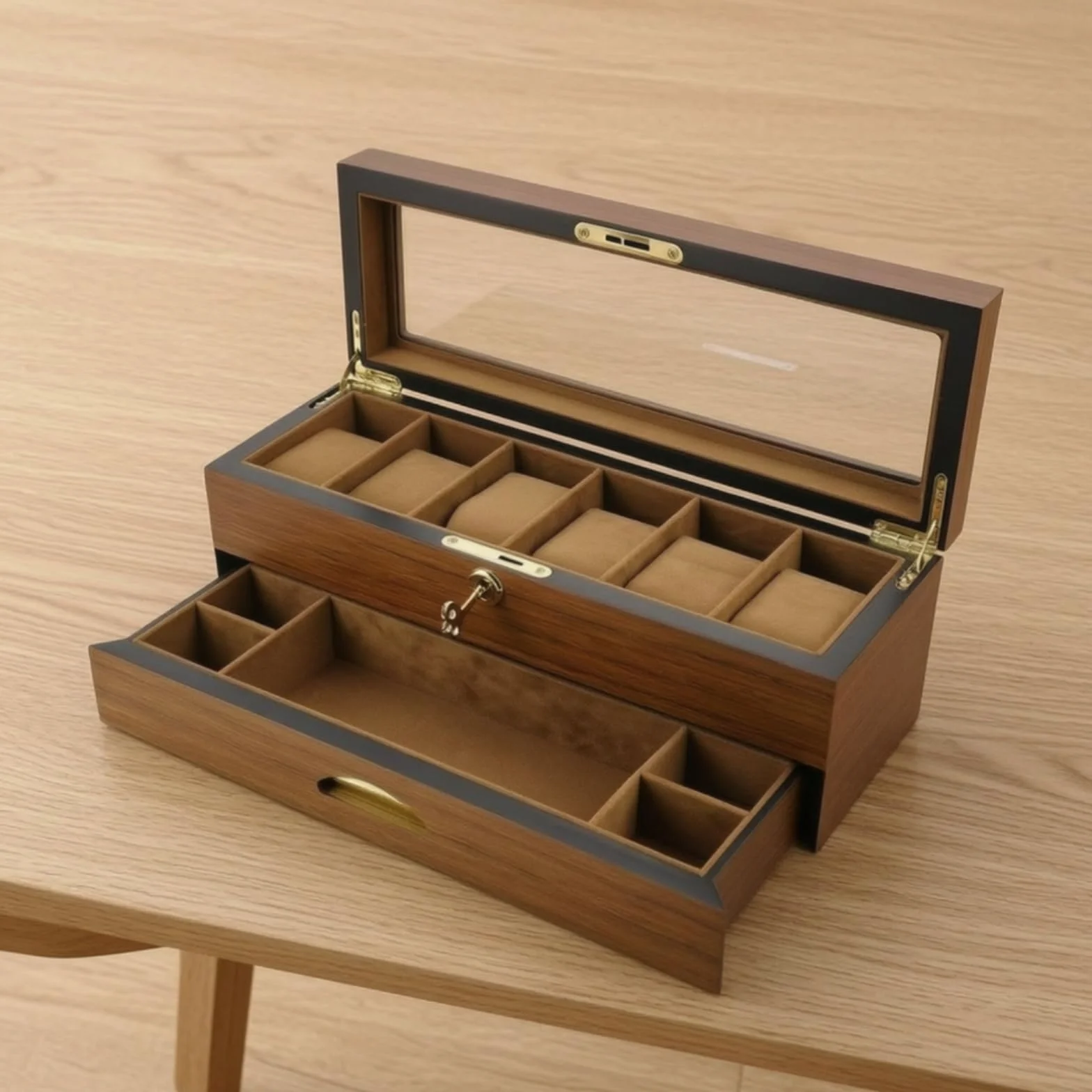 Organizador Relojes con Tapa Cristal Compacto Joyero con Cierre Cómodo Organizadora Joyas Tapa Cristal para, Caja De 6 Relojes De Doble Capa Con Cajón, Acabado En Nogal Negro