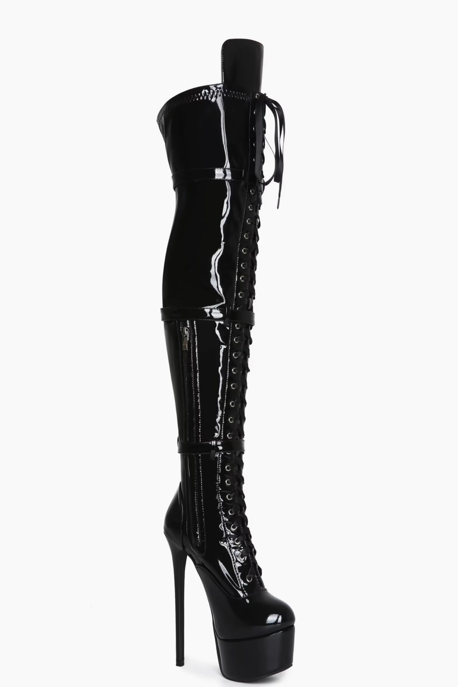 Frankie Hsu Botas largas de tacón alto con plataforma de aguja sexy por encima de la rodilla, cinturón de cinta de charol negro, elástico ajustable, muslo, talla grande, talla grande US5-19, zapatos