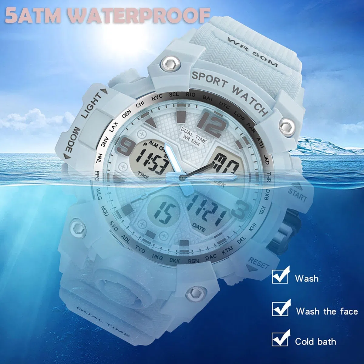 findtime Reloj deportivo para mujer, relojes para estudiantes, adolescentes, con alarma, cronómetro, resistente al agua, deportivo, analógico, digital, blanco, morado, rosa, negro, azul