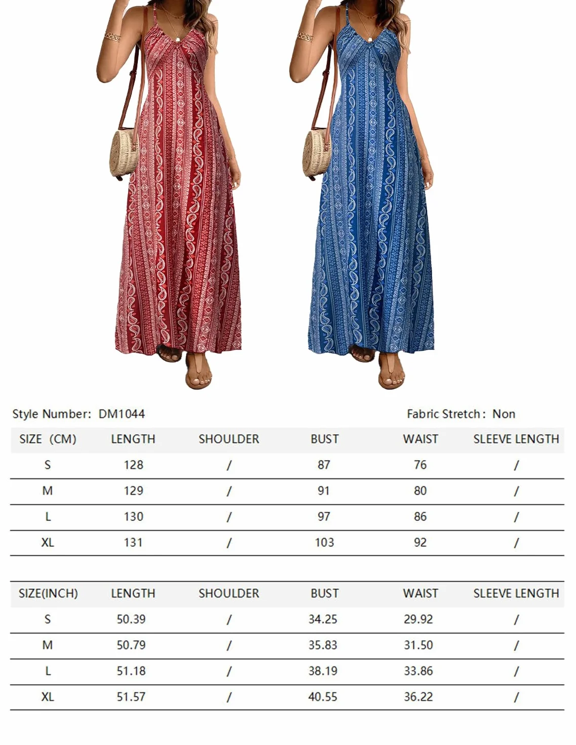 Vestido de Verano Sin Mangas Cuello en V Falda Larga Estampado Bohemio Elegante para Mujer