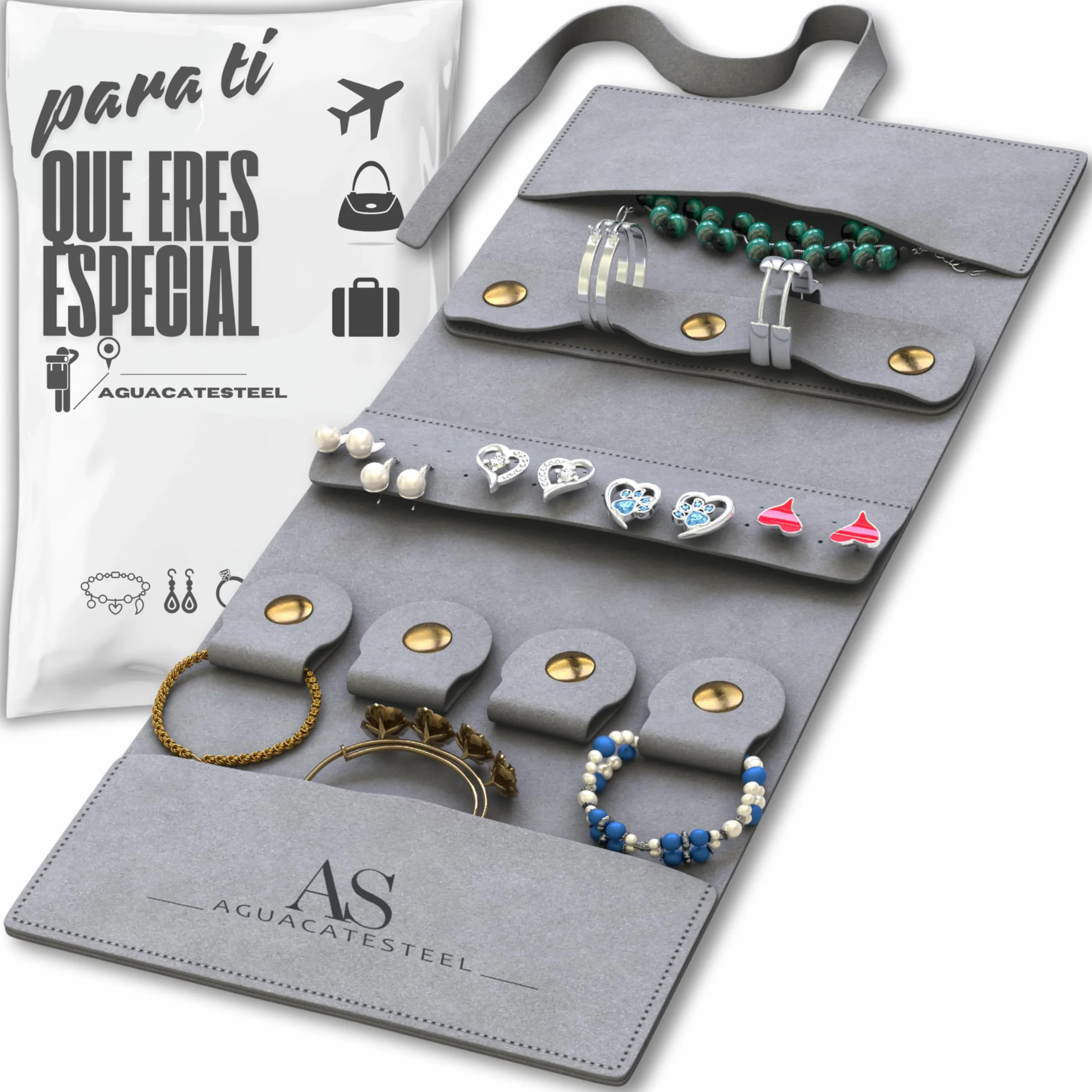 Joyero Enrollable Viaje Mujer Portatil Plegable Estuche Joyas Viaje Enrollable Organizador para Joyas bolsa Organizadora joyeria Pendientes Collar Brazaletes Anillos