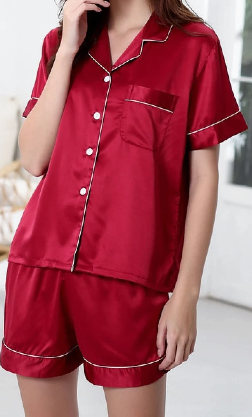 Pijama De Mujer Manga Corta,Botones De Solapa Rojos Pijama De Manga Corta De Verano Para Mujer Conjunto De 2 Piezas Pijama De Mujer Cómodo Y Suave Ropa De Salón Regalo Del Día De La Madre Para Es
