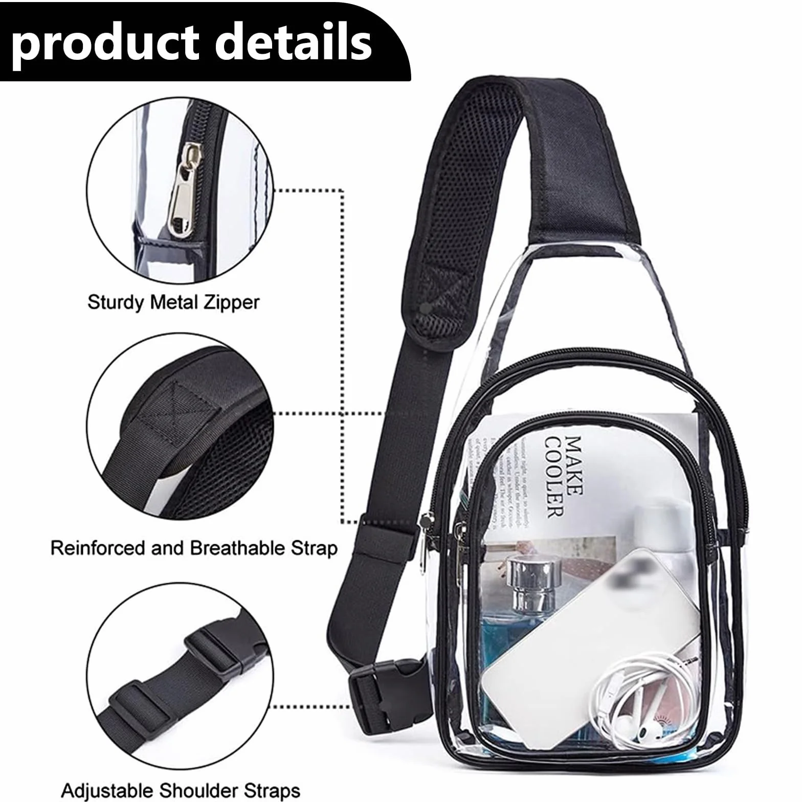 Bolsa de Pecho Transparente de PVC, Aprobado por Estadios Bolso Bandolera Hombre, Bolso Transparente Mujer con Correa Ajustable, Riñonera Resistente Al Aguariñonera para Conciertos Viajes