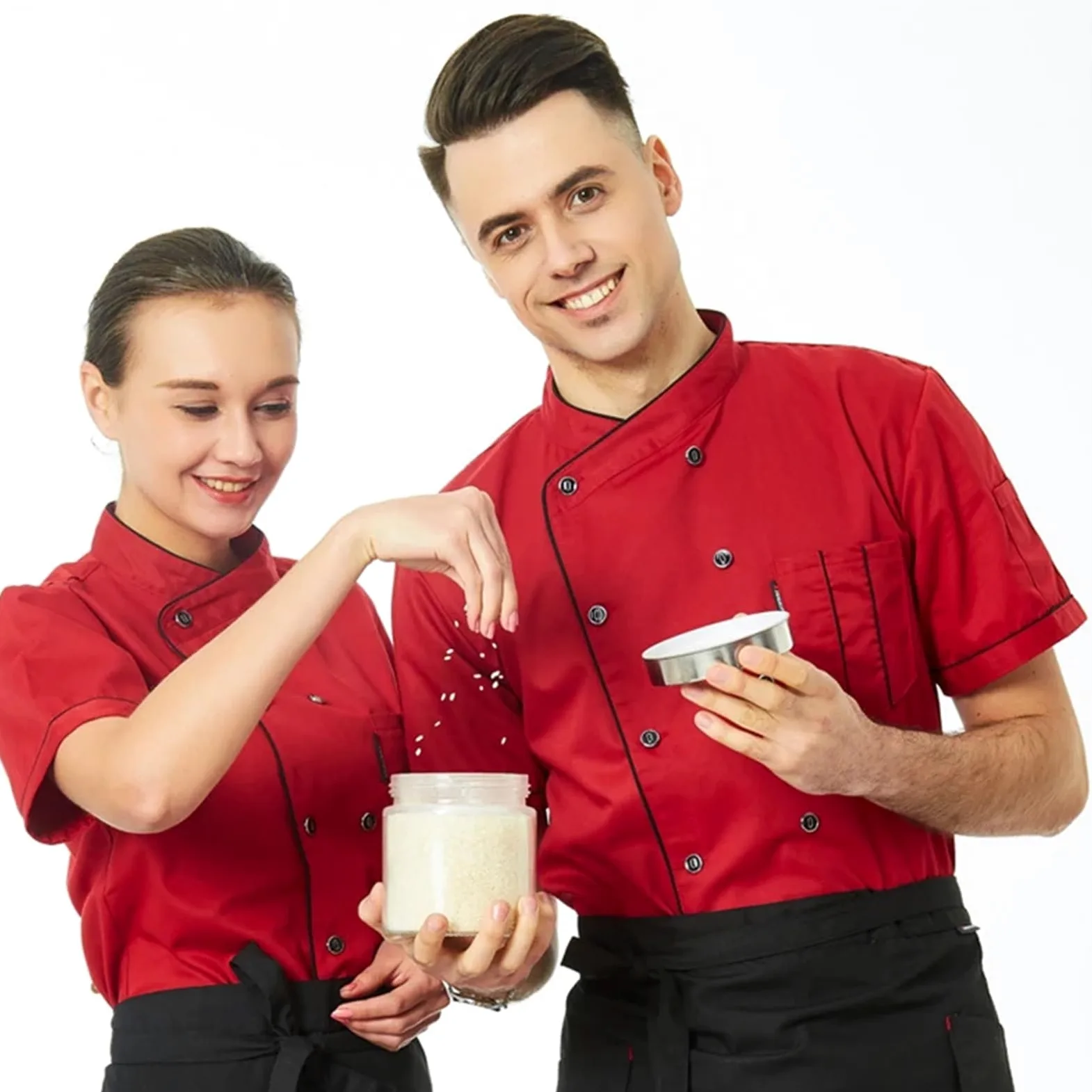 Ropa De Cocinero Chaqueta de Chef de Manga Corta, Abrigo de Cocinero, Uniforme de Trabajo de Barista, Panadero, Camarero, Restaurante, Ropa de Hotel(Pink,XXL)