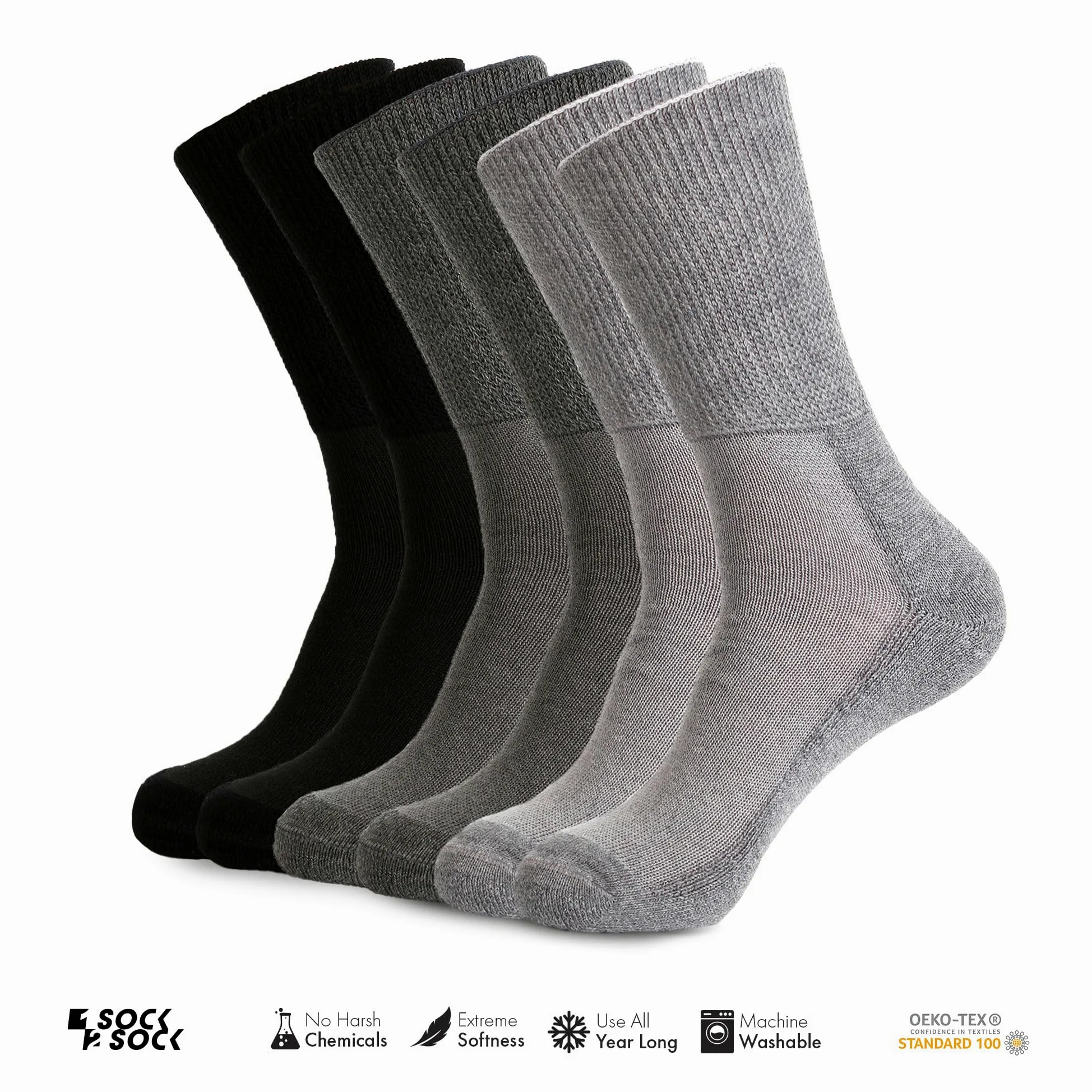 1SOCK2SOCK Paquete de 6 calcetines unisex de bambú de algodón orgánico para diabéticos, terapéuticos, sin ataduras, acolchados, gris, Large