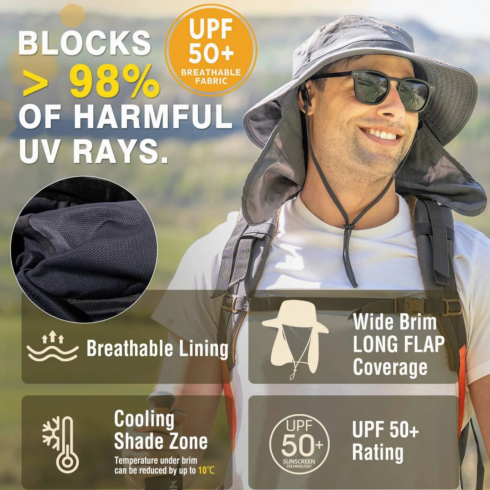 TOP-EX Sombrero de pesca extragrande XL XXL para hombre, con protección UV 50, impermeable, plegable, de malla, con solapa para el cuello, para pesca y senderismo