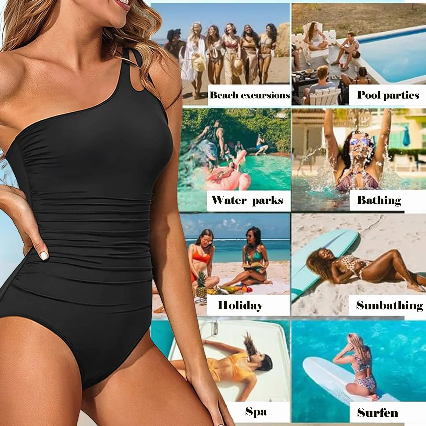 USUN Trajes de Baño De Una Pieza para Mujer Alta Cuello en V Control de Barriga Fruncido Bañador Reductores Barriga Monokinis Cintura Vintage Push Up Sexy Slim Fit Cintura Alta Bikini