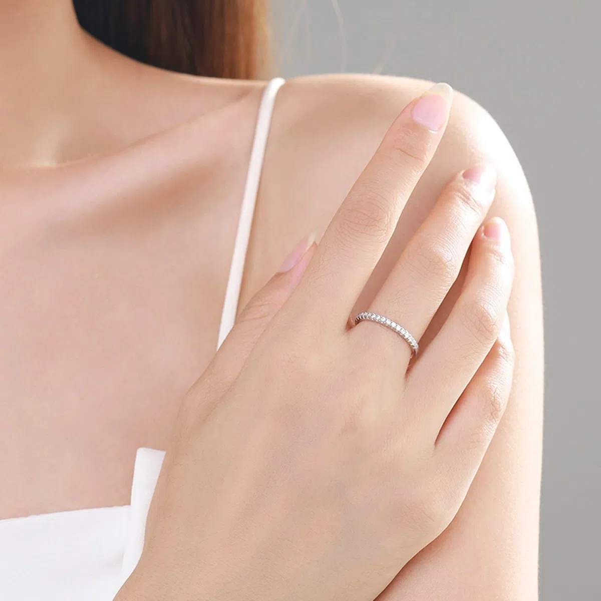 KnSam Anillo de la amistad de oro auténtico, 9 K/14 K/18 K, oro blanco, elegante, fila, anillos con diamante, oro blanco Au 375/585/750, anillo solitario, talla 47-65