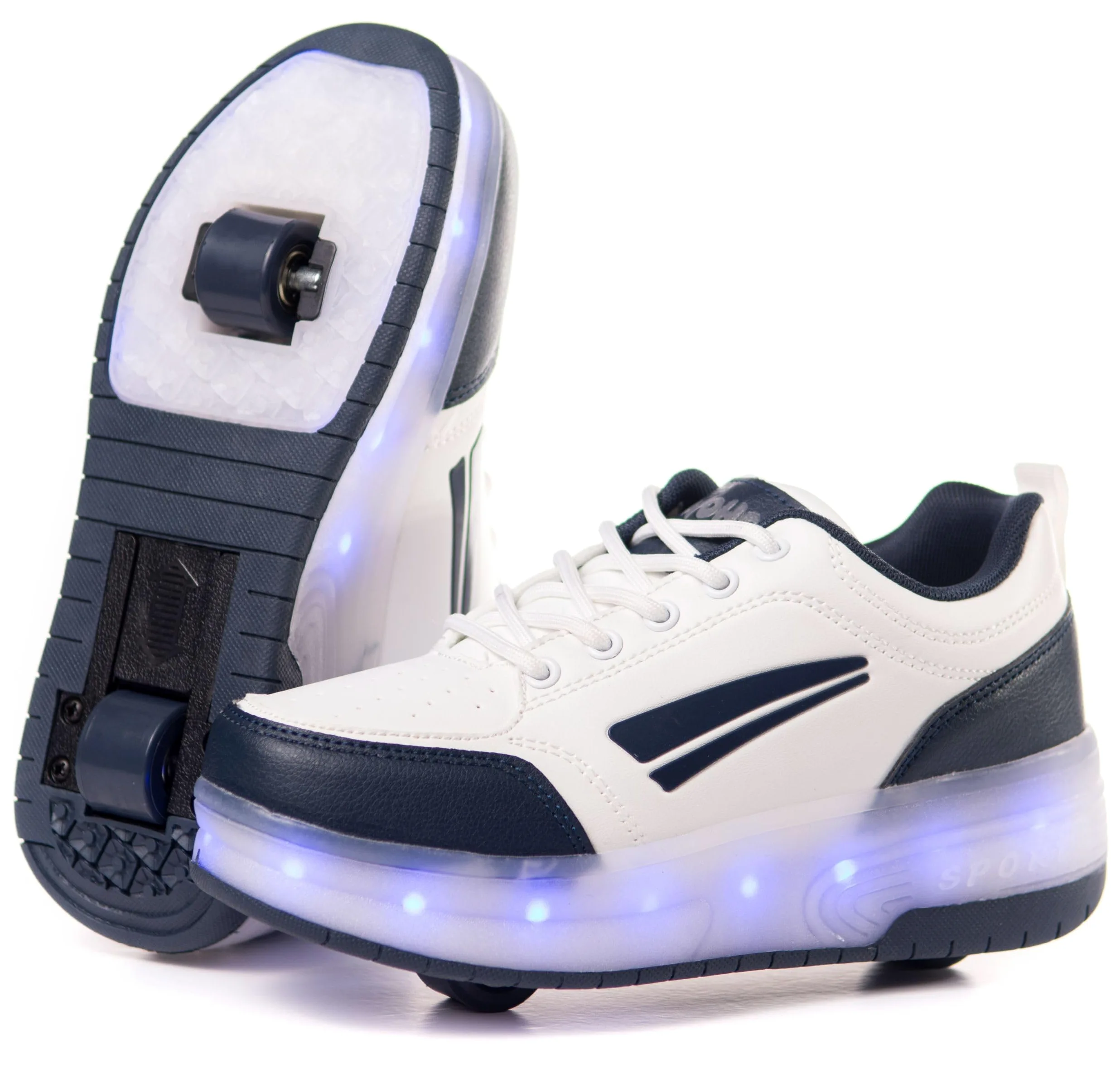 Zapatillas Deportivas con Dos Ruedas y Luces LED. Recargables, 16 Efectos de Luces. Rueda Trasera automática. Blanco/Azul Oscuro. Talla 35