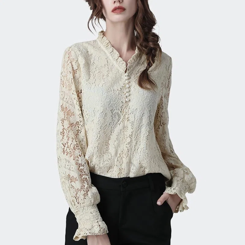 Blusas de Encaje Floral para Mujer Blusas de Malla de Manga Larga ahuecadas Blusa Holgada con Cuello en V con Volantes para Mujer Blusa Coreana de otoño (Negro XL)