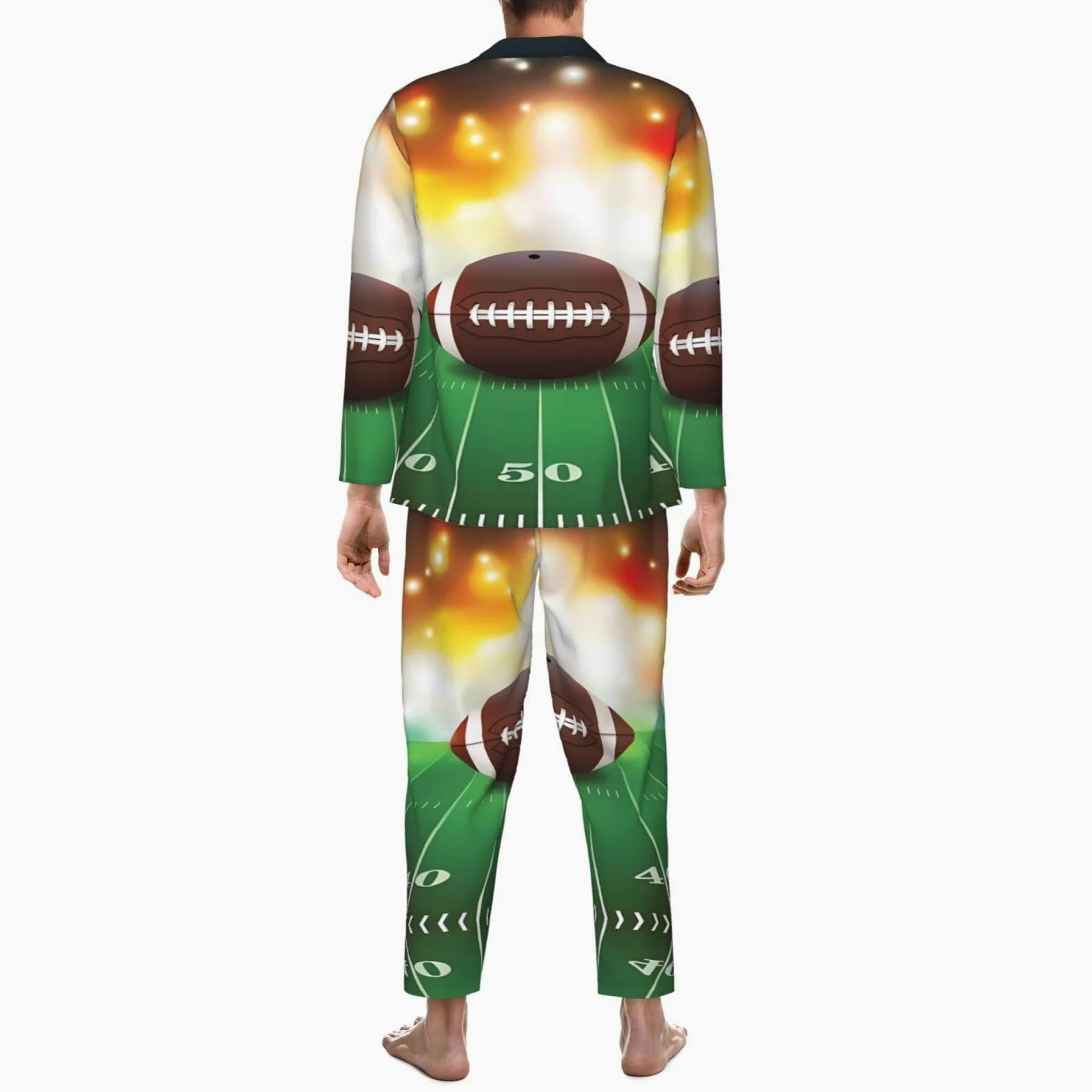 Conjunto de pijama deportivo con estampado de pelota de fútbol americano sobre hierba, de manga larga, con cuello y cintura elástica y bolsillos