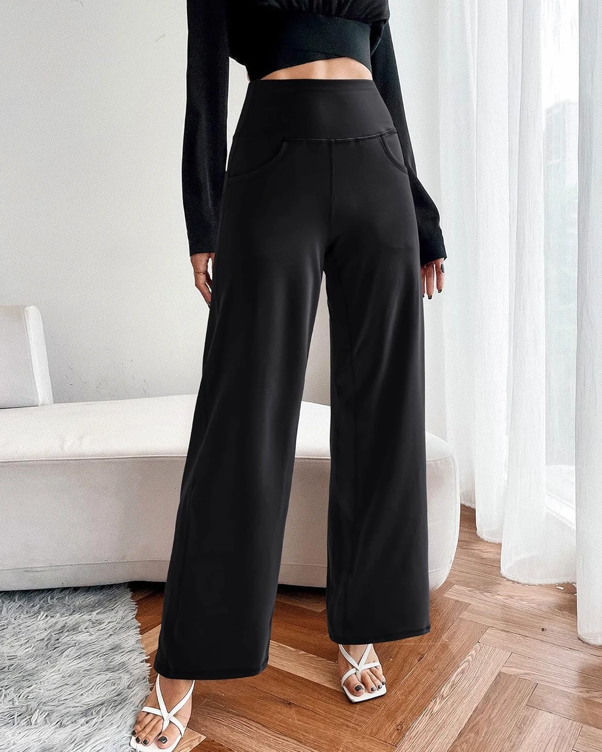 Promover Pantalones de Yoga de Pierna Ancha para Mujer Pantalones de Chándal Acampanados Holgados y cómodos con Bolsillos Pantalones Elásticos de Cintura Alta Pequeño/Regular/Alto