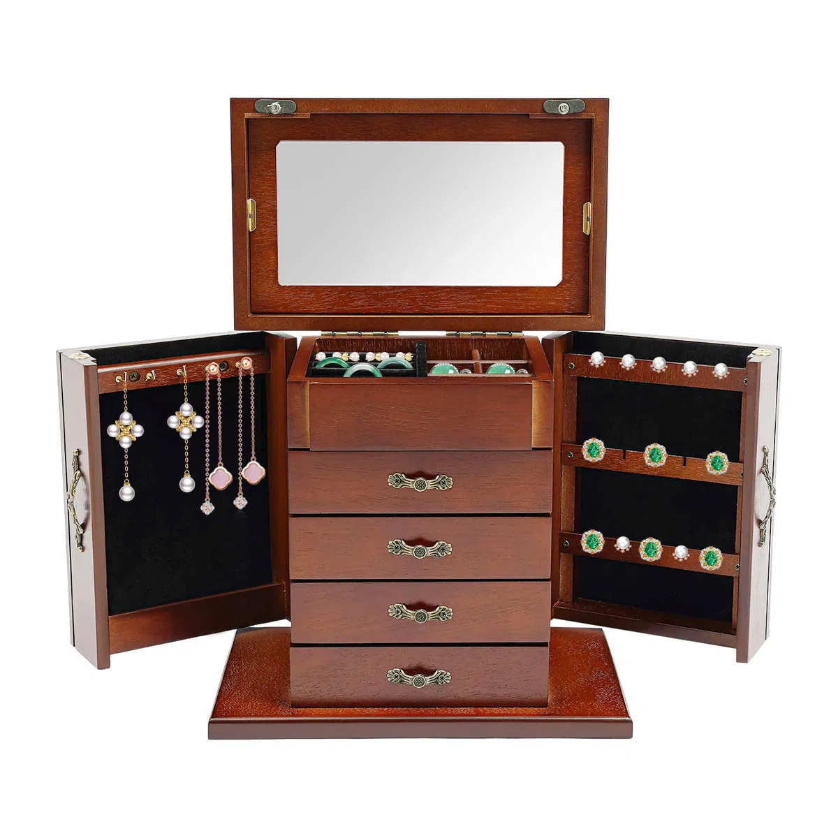 Joyero de madera grande, joyero con cajones de madera, con llave y cerradura, puertas dobles para anillos, pendientes, collares