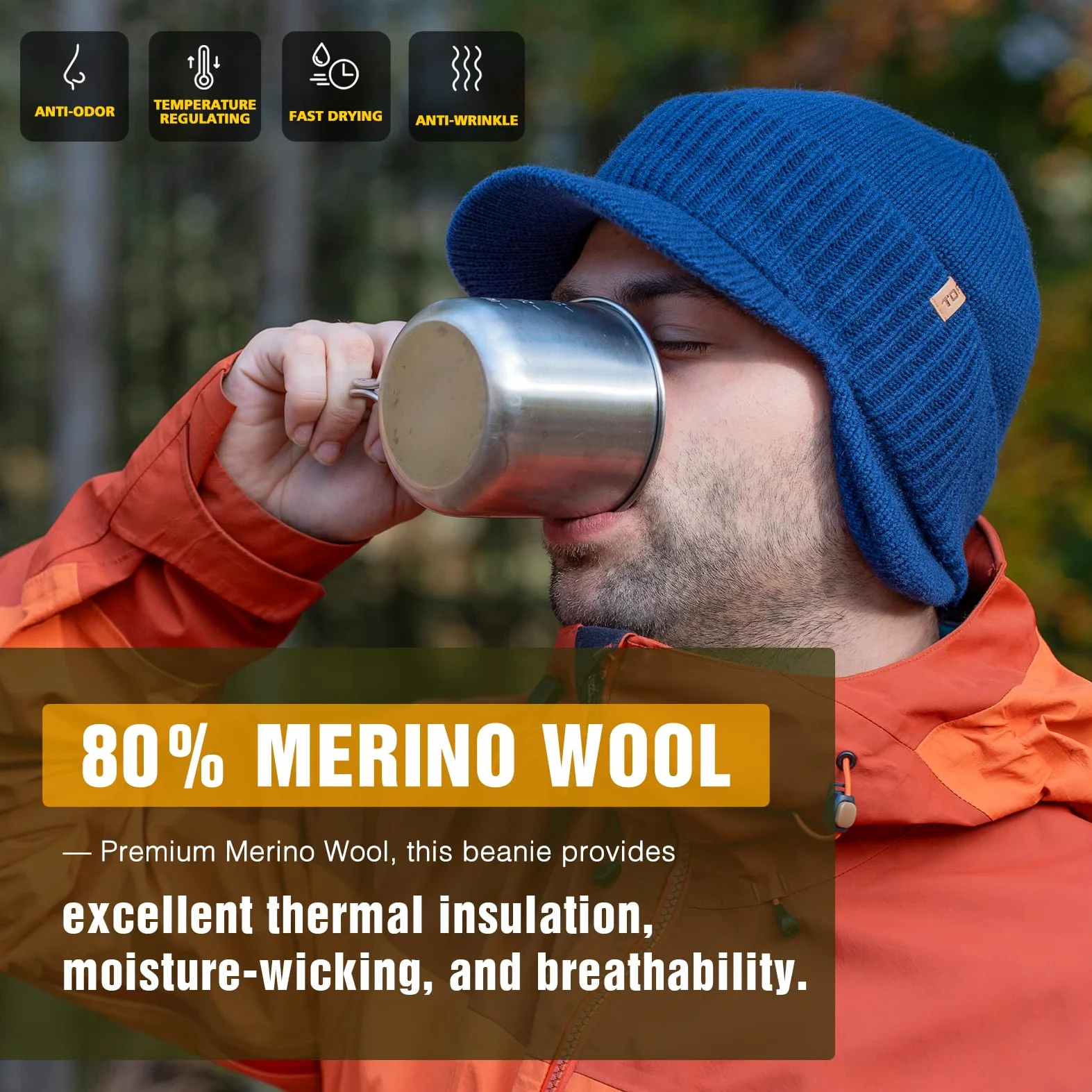 TOP-EX DryKnit - Gorro impermeable de 80 % lana merino, con orejeras, forro polar cálido para invierno, para clima frío, estilo unisex, 55-66 cm