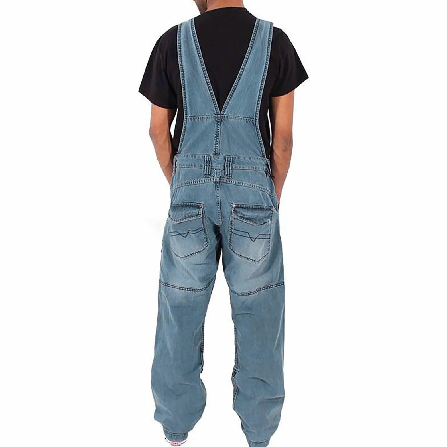 Mono de trabajo de mezclilla para hombre con tirantes ajustables y bolsillos