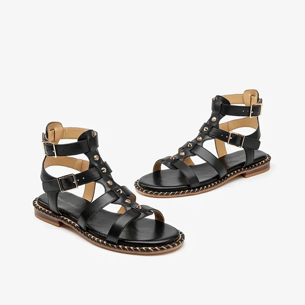 Sandalias de gladiador con correa de hebilla y correa al tobillo para mujer, tacón plano, estilo gladiador, piel de becerro, doble hebilla, de metal, informales, de verano