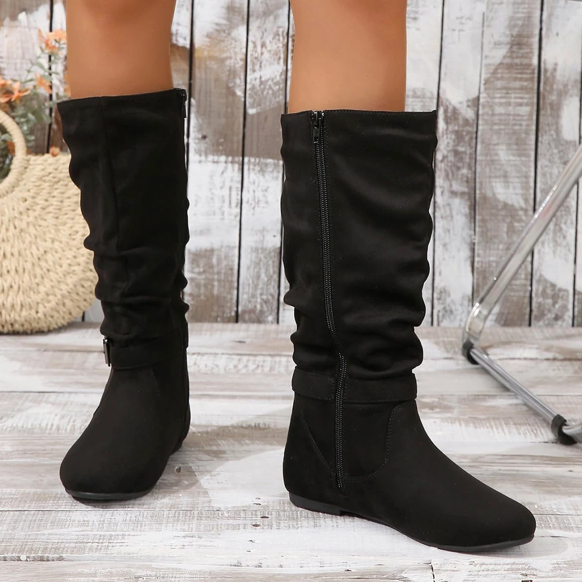 Botines de Ante para Mujer Caña Media Estilo Retro Arrugado Punta Redonda Tacón Bajo Plano Cremallera Lateral Completa Calzado Casual para Todas las Estaciones para Trabajar Citas y Viajar